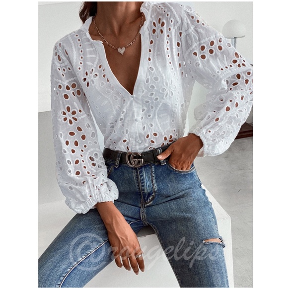 Rouge! Tops - White Boho Eyelet Button Down Shirt